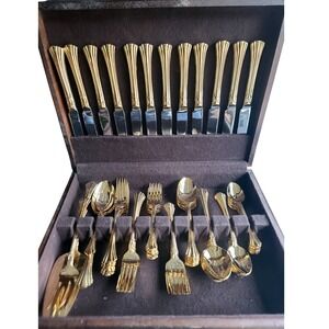 66 PC Supreme Cutlery by Towle Gold Aristocat Electroplated Flatware Set Korea